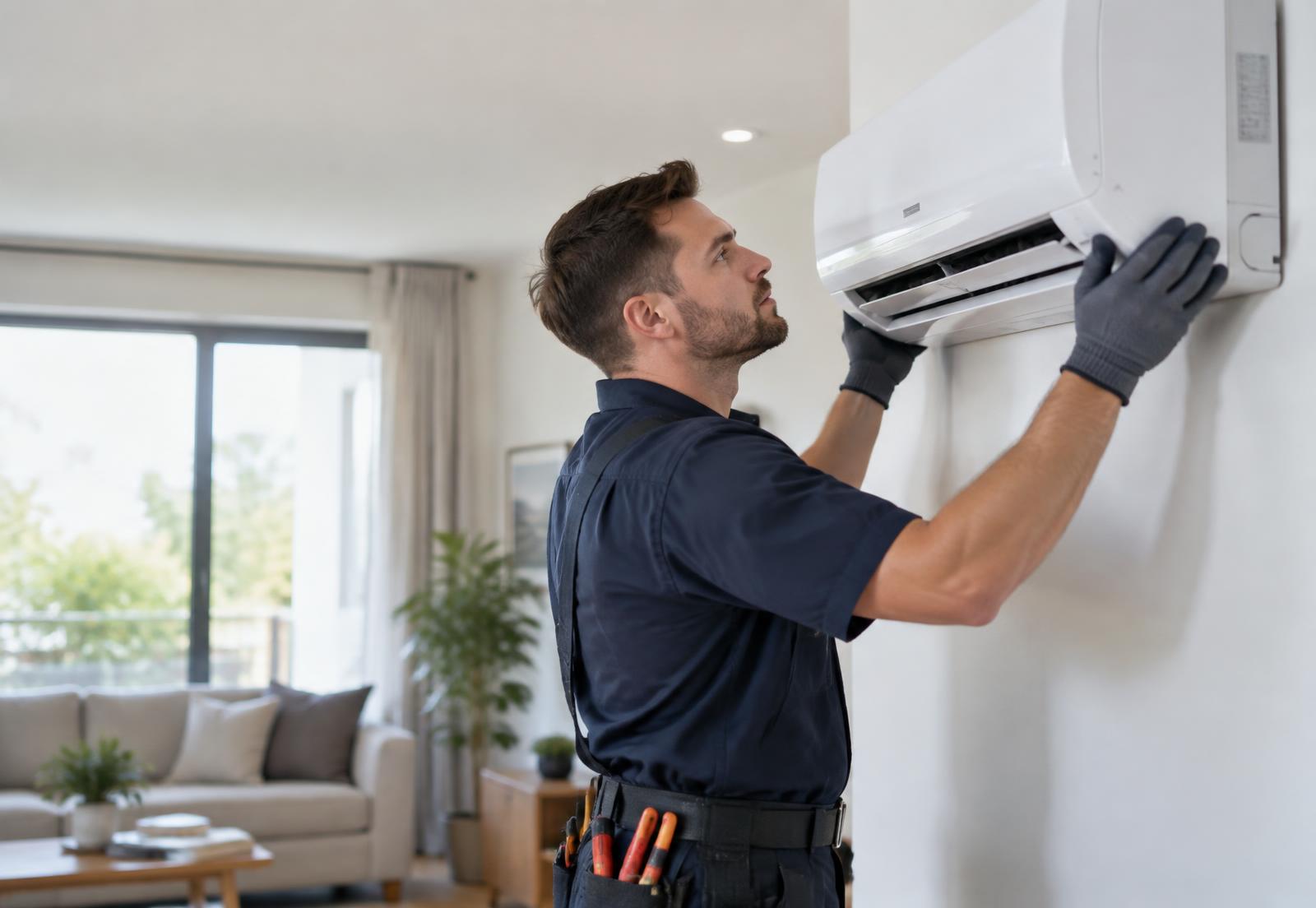 Technicien Climat’Art installant une climatisation murale dans un salon